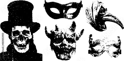Vintage skull and mask illustrations. This set features intricate details in vector style, showcasing an antique aesthetic in a unique illustration.