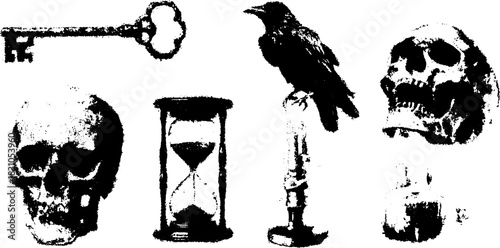 Key, skull, crow, and hourglass set. Vintage black vector illustration with dark themes and elements related to death and mystery.
