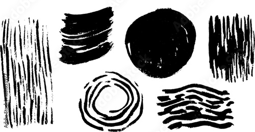 Black brush strokes and textures in various shapes. Abstract vector illustration showcasing artistic patterns in a cohesive set.