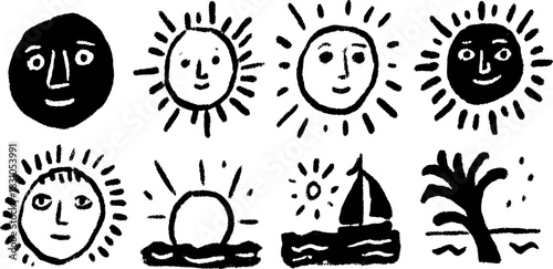 Sun faces in a simple black and white design. Vector illustration set showcasing various expressions with elements of nature, including a boat and palm tree.