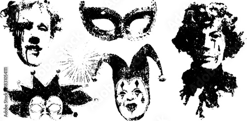Engravings of vintage masks. Hand-drawn illustrations depicting a set of clowns, jesters, and festive characters in a historical vector style.