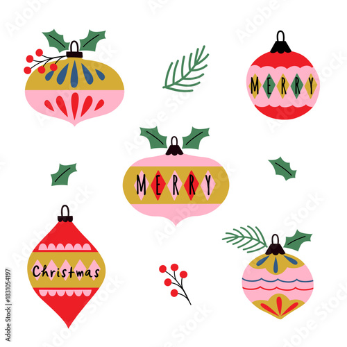 set of isolated Christmas ornaments with holly berries