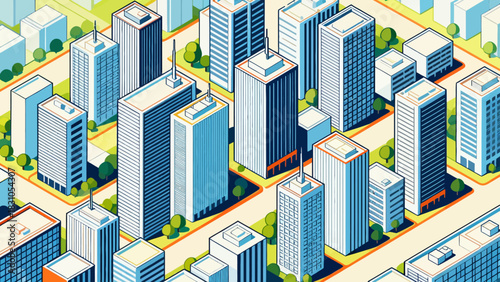 This vibrant isometric illustration depicts a modern cityscape filled with colorful skyscrapers, shops, a central park, and urban infrastructure,