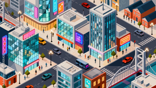 This vibrant isometric illustration depicts a modern cityscape filled with colorful skyscrapers, shops, a central park, and urban infrastructure,
