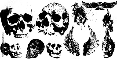 This graphic illustration features skulls and wings. A distressed monochrome vector set showcases gothic horror-themed elements and unique textures.