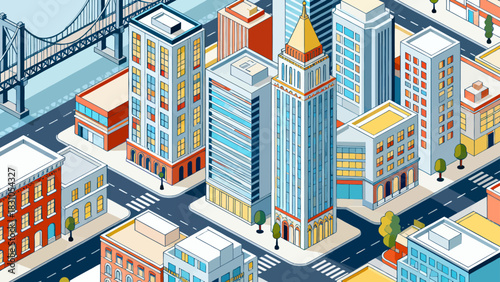 This vibrant isometric illustration depicts a modern cityscape filled with colorful skyscrapers, shops, a central park, and urban infrastructure,