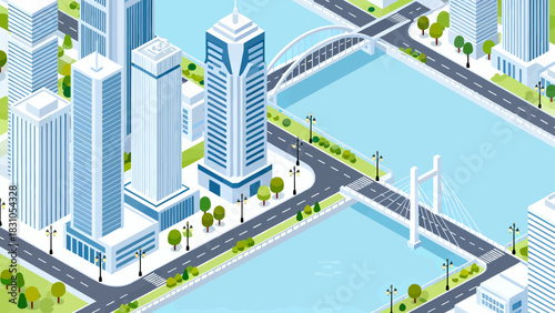 This vibrant isometric illustration depicts a modern cityscape filled with colorful skyscrapers, shops, a central park, and urban infrastructure,