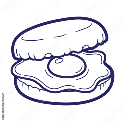 Simple hand drawn illustration of fried egg inside a bun for food related concepts