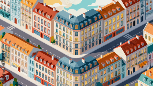 This vibrant isometric illustration depicts a modern cityscape filled with colorful skyscrapers, shops, a central park, and urban infrastructure,