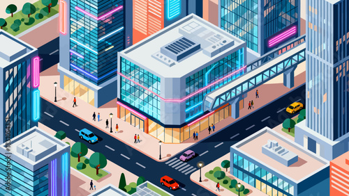 This vibrant isometric illustration depicts a modern cityscape filled with colorful skyscrapers, shops, a central park, and urban infrastructure,