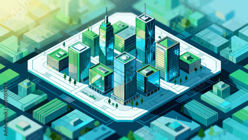 This vibrant isometric illustration depicts a modern cityscape filled with colorful skyscrapers, shops, a central park, and urban infrastructure,