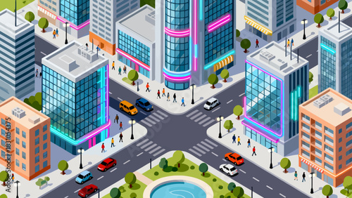This vibrant isometric illustration depicts a modern cityscape filled with colorful skyscrapers, shops, a central park, and urban infrastructure,