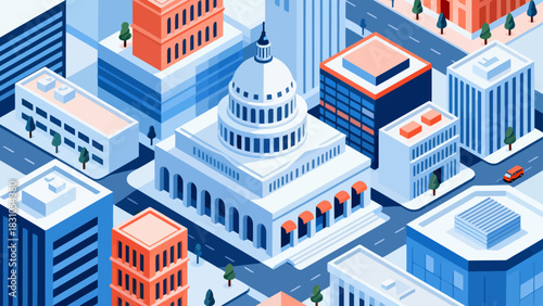 This vibrant isometric illustration depicts a modern cityscape filled with colorful skyscrapers, shops, a central park, and urban infrastructure,