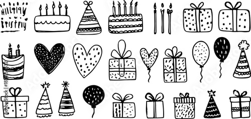 Birthday cake with candles and colorful gifts in a simple design. Hand-drawn vector illustration of festive elements in a set.