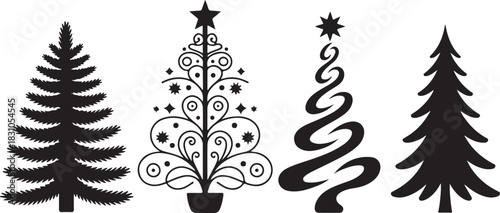 Silhouettes of Different Types of Vector Fir Trees With Ornaments and Stars Isolated on Transparent Background for Print 130 Char