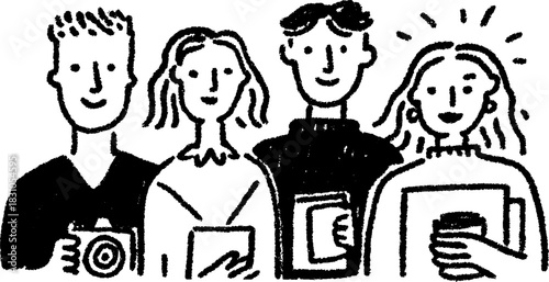 Group of people in a modern illustration style. Simple black and white vector illustration featuring individuals with various attributes and expressions.
