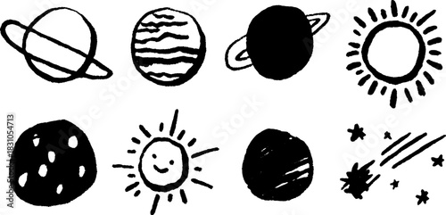 Set of celestial doodles including planets, sun, and stars in black and white. Hand-drawn vector illustration with simple cosmic elements.