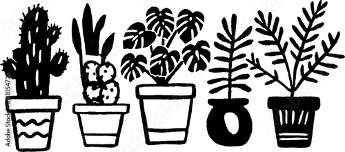 Plants in decorative pots illustrated in black and white. Simple botanical vector illustration showcasing various designs in a set.
