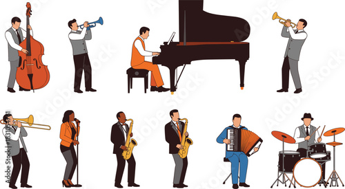 Vector Illustration Set of Diverse Jazz and Classical Musicians Playing Piano, Upright Bass, Trumpet, Trombone, Saxophone, Accordion, and Drums.