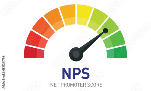 Minimalist Net Promoter Score (NPS) gauge illustration in flat style featuring a color scale, needle, and performance metric