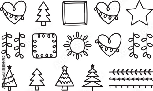 Collection of Cute Doodle Elements for Winter Holidays and Everyday Use in Black and White Style Around Transparent Backdrop