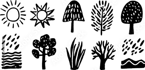 Sun, trees, and mushrooms in a simple black and white design. Nature vector illustration featuring various elements like water, grass, and leaves.
