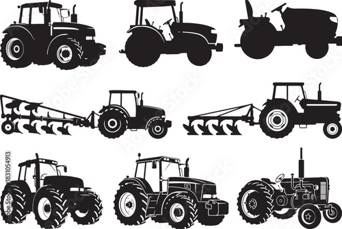 Tractor silhouette collection farm equipment agricultural vehicle set
