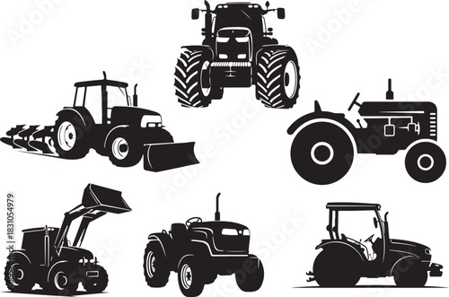 Tractor silhouette collection agricultural machinery vector illustration set