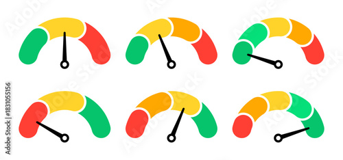 Scale meter for risk or performance level. Indicator with arrow for credit rating, power and pressure measurement.