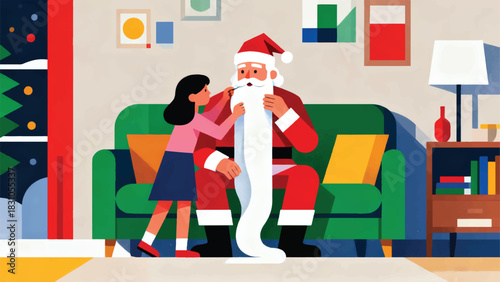 Illustration Of A Santa Sitting On A Sofa In A House With A Little Girl Vector Design Template