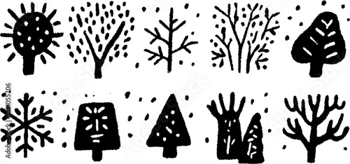 Tree and snowflake illustrations in black and white. Simple vector illustration set with nature-inspired elements designed in a minimalist style.