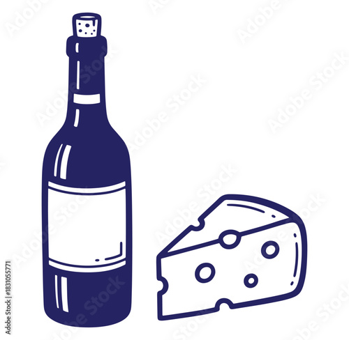 Simple wine bottle and cheese wedge illustration isolated on a clean white background