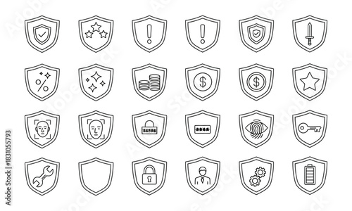 Minimalist security shield icon set in monochrome line-art style on light gray background depicting protection, safety, and digital security
