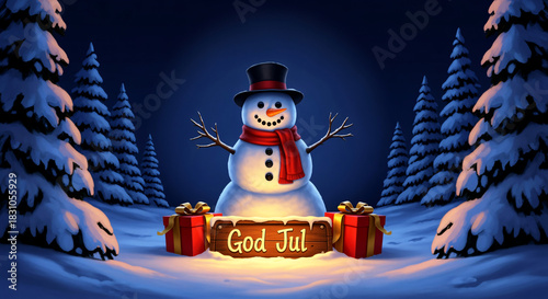 Festive Snowman with 'God Jul' Sign in Winter Wonderland