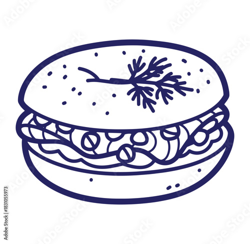 Vector illustration of a delicious bagel sandwich garnished with fresh herbs and spices