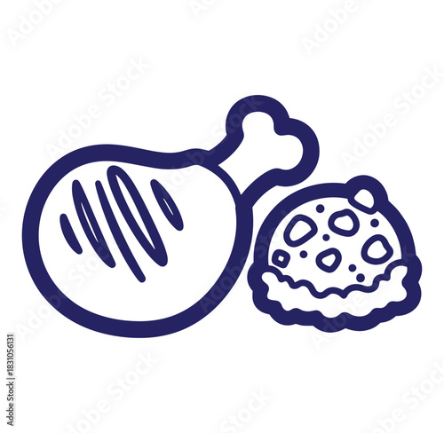 Simplified vector illustration of chicken drumstick and a round rice dish with details