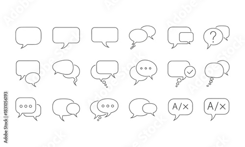 Minimalist speech bubble icon set in grey line-art style on white background featuring various shapes, translation, and communication symbols