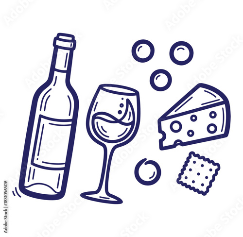 Wine and cheese illustration featuring a wine bottle glass cheese and cracker elements