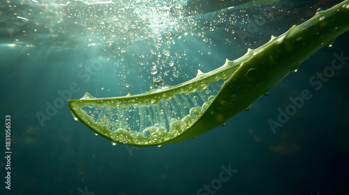 Refreshing aloe vera with bubbles in clear blue water high-resolution photo