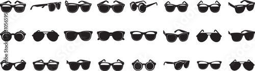 Silhouette of sunglasses arranged in rows on white background