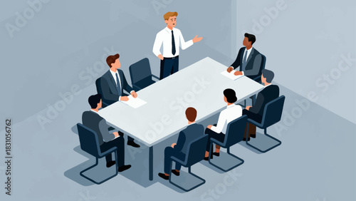 This isometric illustration shows a business professional presenting data to a group of colleagues taking notes in a conference room, capturing a corporate meeting focused on strategy and analysis.