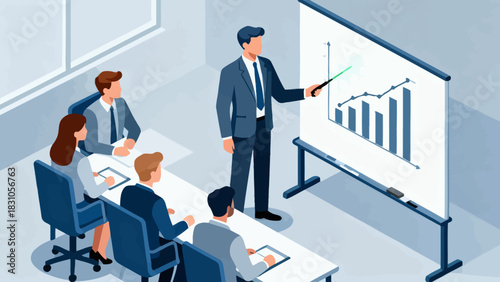 This isometric illustration shows a business professional presenting data to a group of colleagues taking notes in a conference room, capturing a corporate meeting focused on strategy and analysis.
