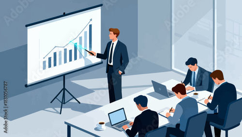 This isometric illustration shows a business professional presenting data to a group of colleagues taking notes in a conference room, capturing a corporate meeting focused on strategy and analysis.