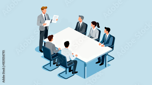 This isometric illustration shows a business professional presenting data to a group of colleagues taking notes in a conference room, capturing a corporate meeting focused on strategy and analysis.