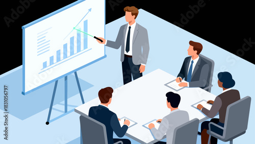 This isometric illustration shows a business professional presenting data to a group of colleagues taking notes in a conference room, capturing a corporate meeting focused on strategy and analysis.
