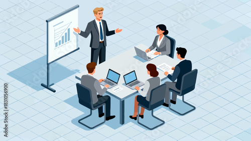 This isometric illustration shows a business professional presenting data to a group of colleagues taking notes in a conference room, capturing a corporate meeting focused on strategy and analysis.