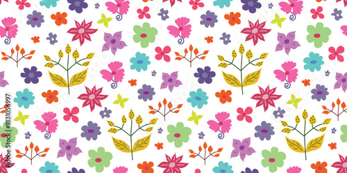 Whimsical colorful flower seamless pattern. Cute floral background for invitation, Wrapping and scrapbook 