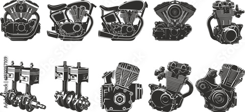 Vintage motorcycle engine collection black and white illustration