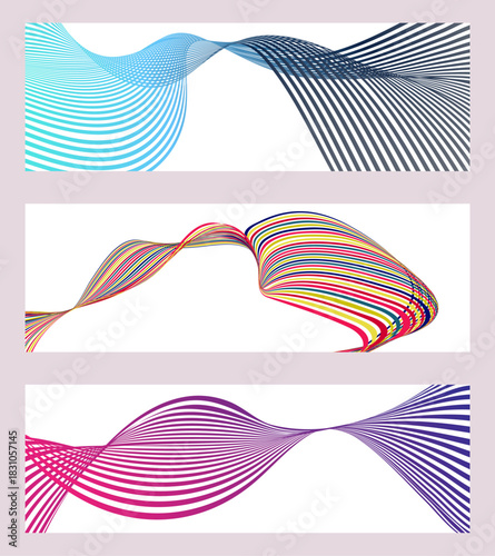 Wavy lines or ribbons.  Multicolored striped gradient. Creative unusual background with abstract wavy lines. Fashionable banner, poster. eps vector