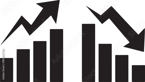 Growth chart icons set. Business growth success chart isolated on white background. Statistic and data, charts diagrams, money, down or up arrow.